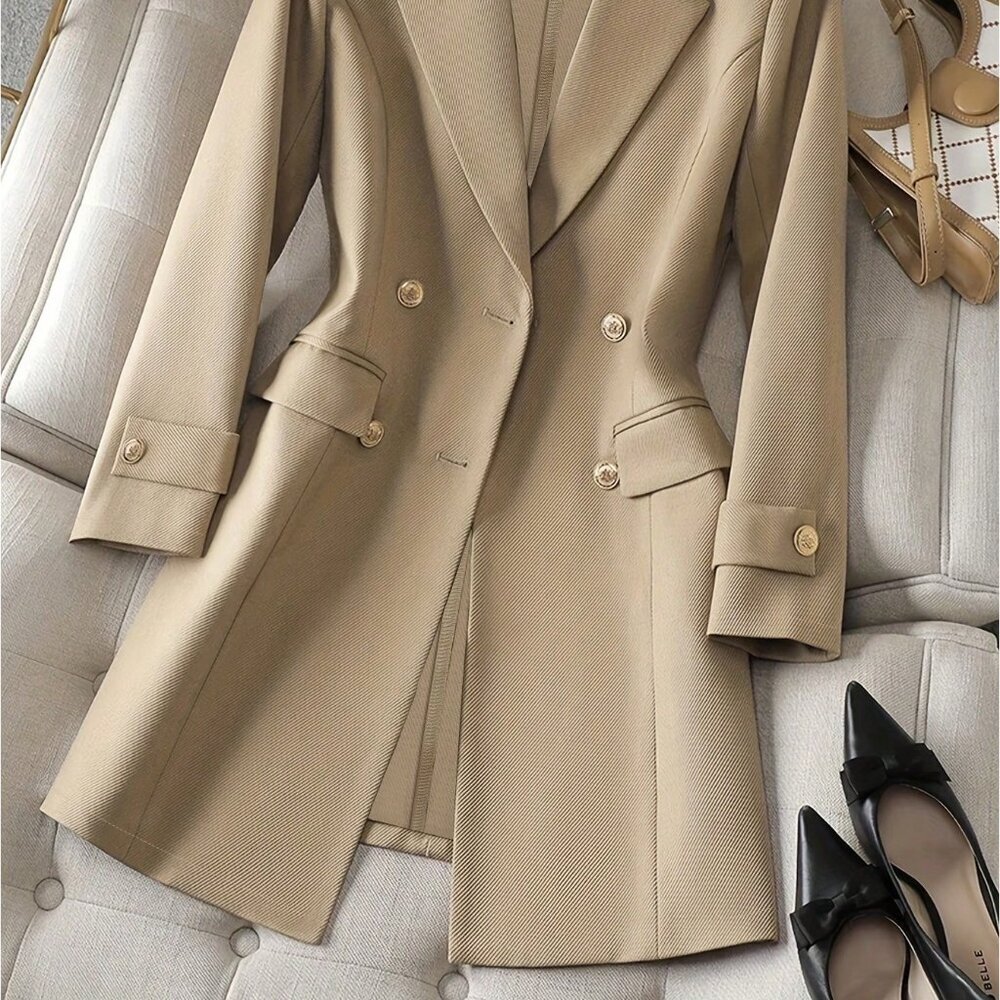 Khaki Elegant Women's Casual Cinched Waist Sleeve Detail Long Sleeve Blazer - Picture 2 of 6